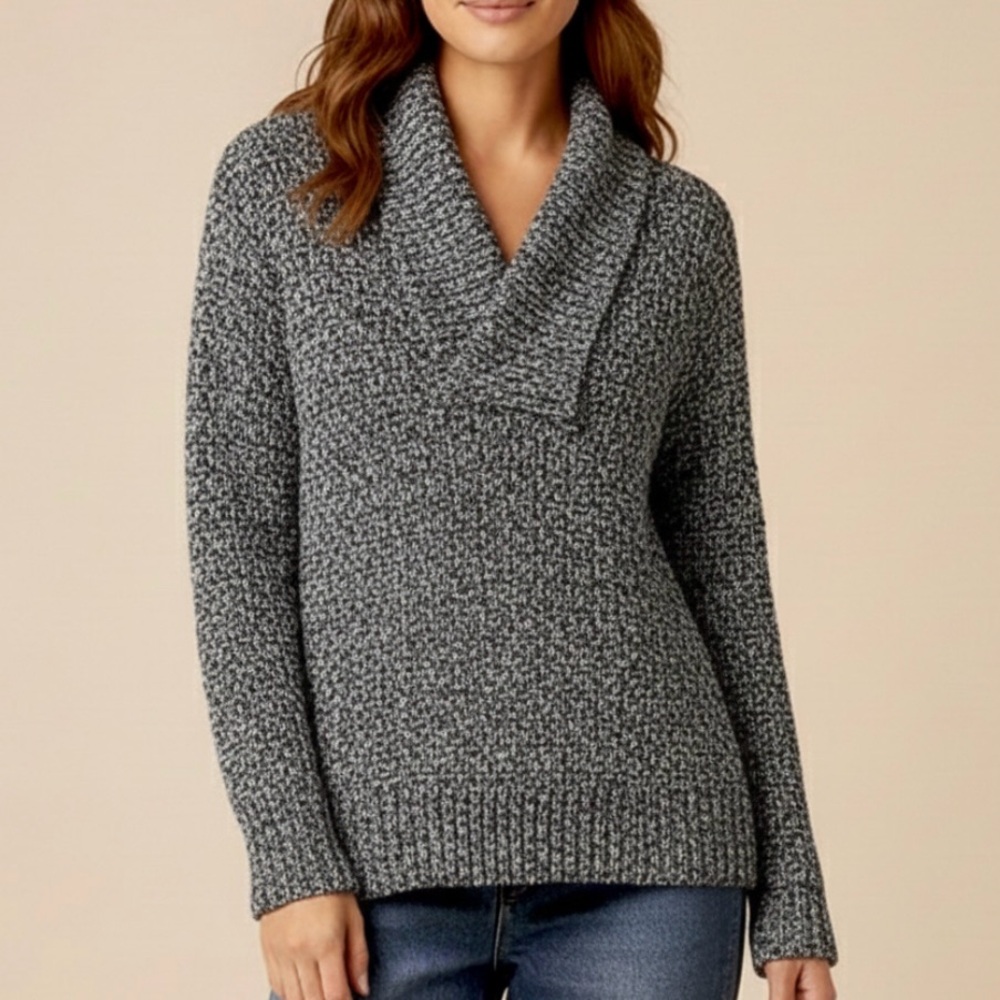 LL Bean Black Marled Pullover Cable V Neck Shawl‎ Collar Cotton Sweater SMALL